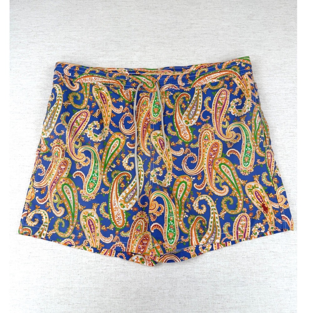 Polo Ralph Lauren Mens Blue Paisley Swim Trunks Board Shorts Mesh Lining Large
